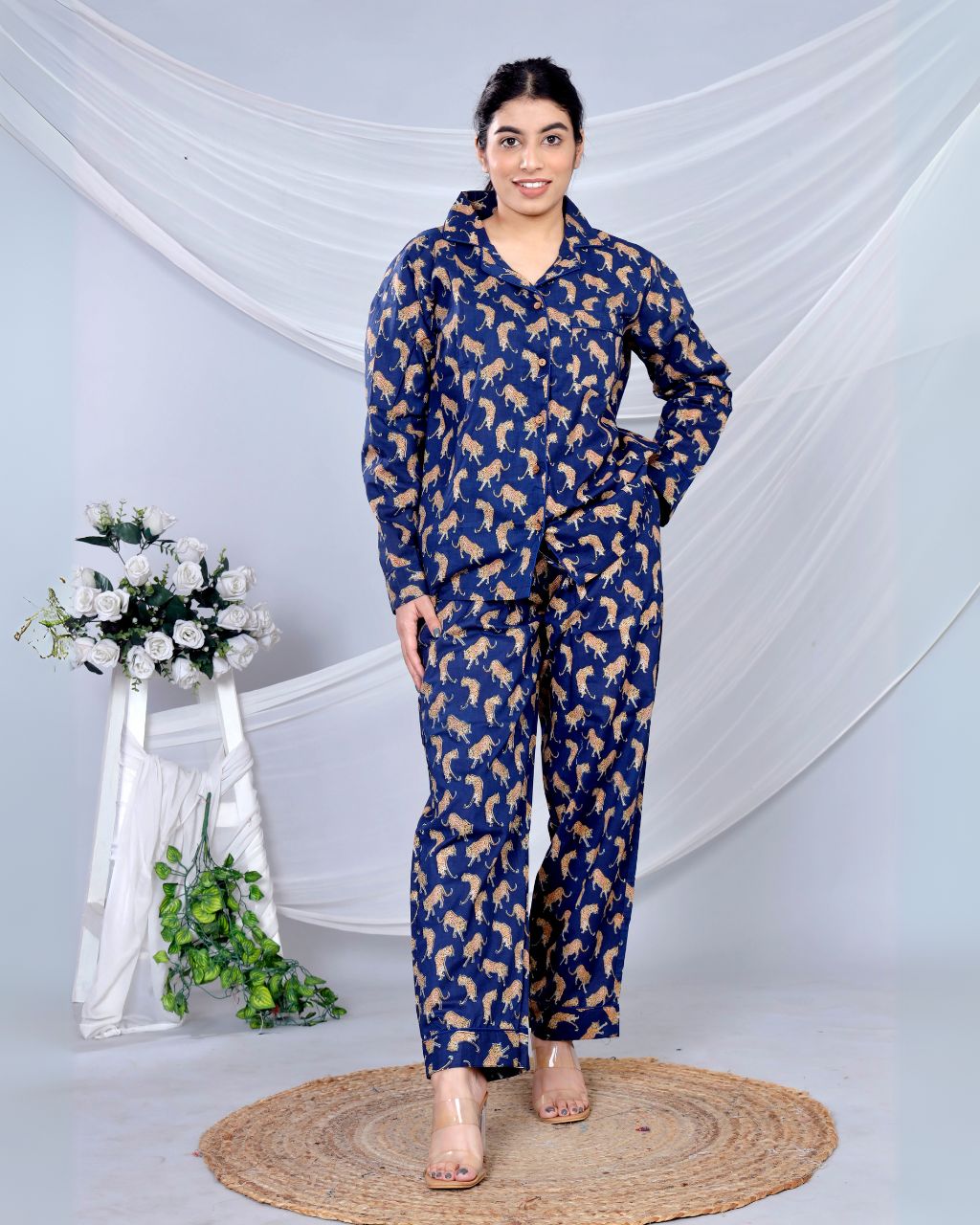 Hemsaab Navy Blue Cotton Night Suit With Bag