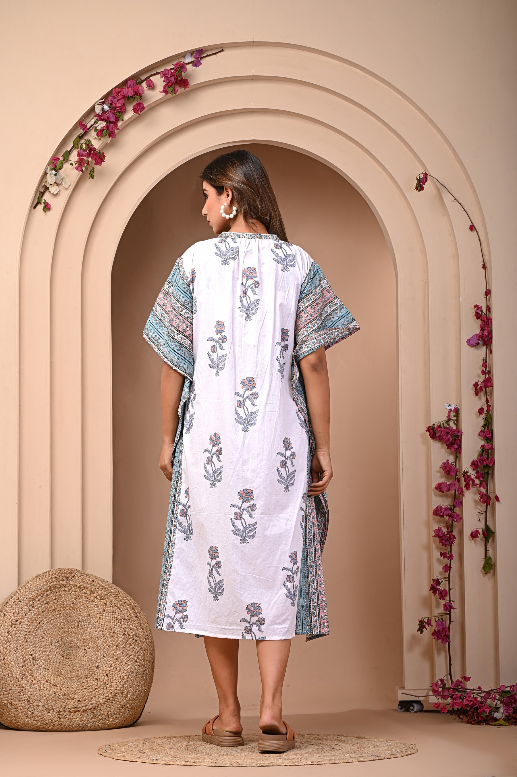 white with blue print Breezy Kaftan style Dress