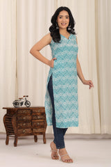 Aqua  Blossom Sleeveless Kurti